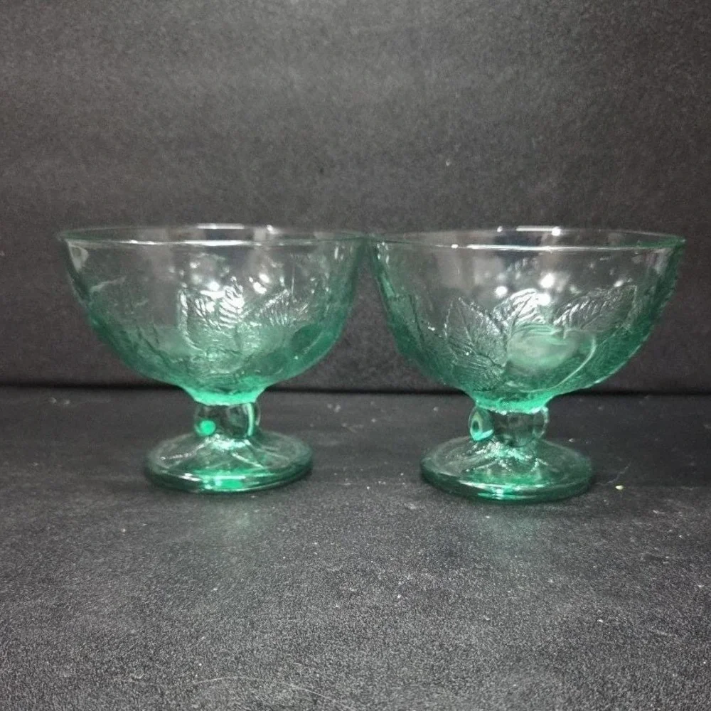 Pasabahce Green Dessert Bowls, Set of‎ 2, Vintage Fruit Design, Footed Glassware